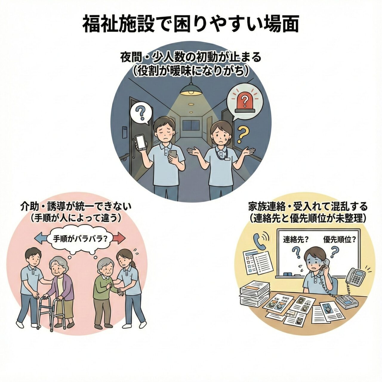 福祉施設で困りやすい場面のイラスト