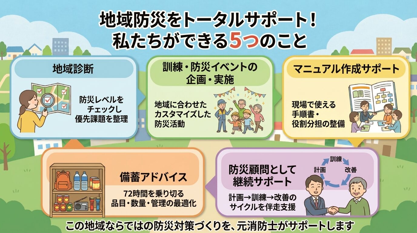 地域防災をトータルサポート：地域診断、訓練・防災イベント企画、マニュアル作成、備蓄アドバイス、防災顧問
