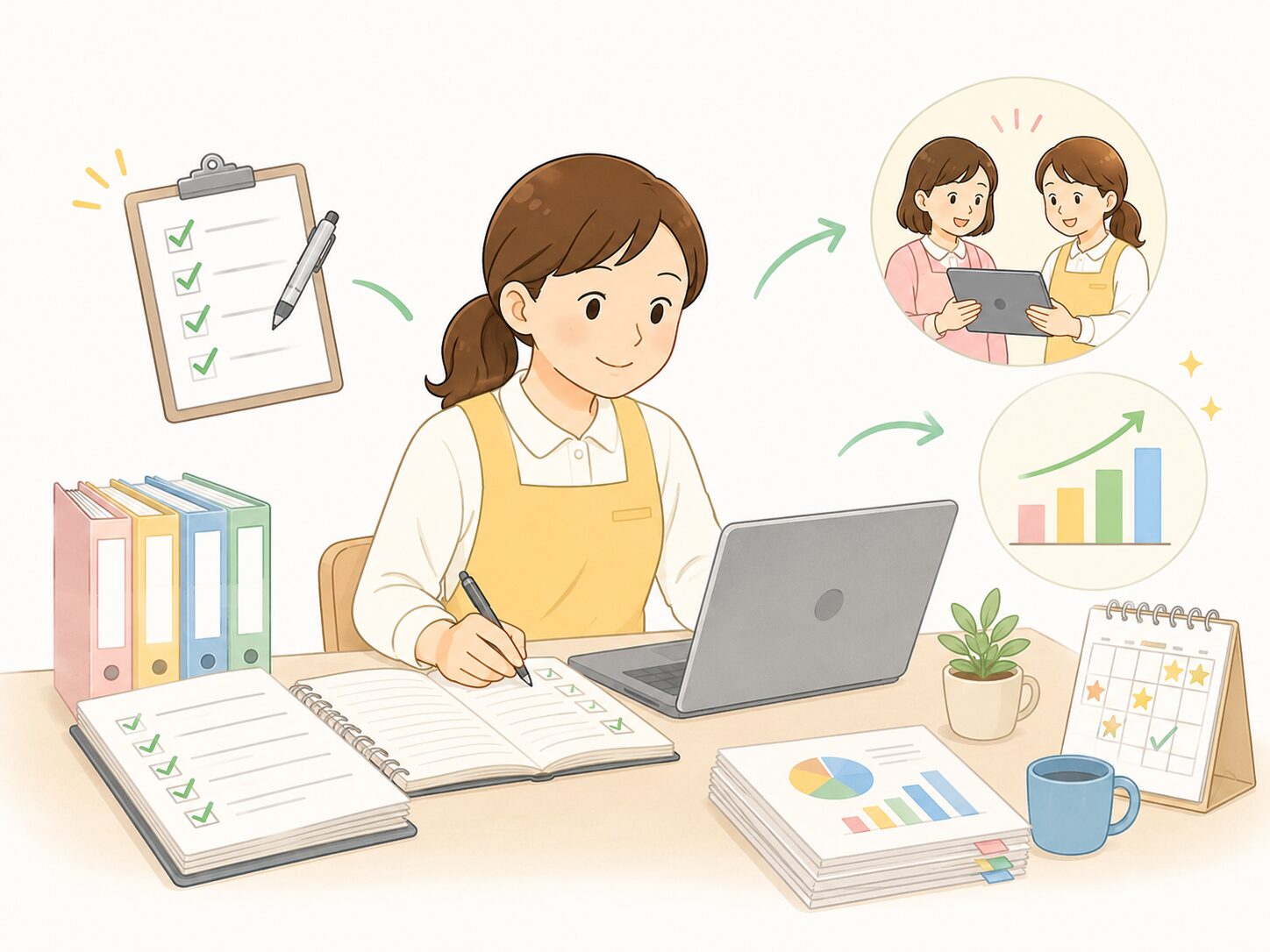 保育園の記録や振り返りを続けて改善につなげるイラスト
