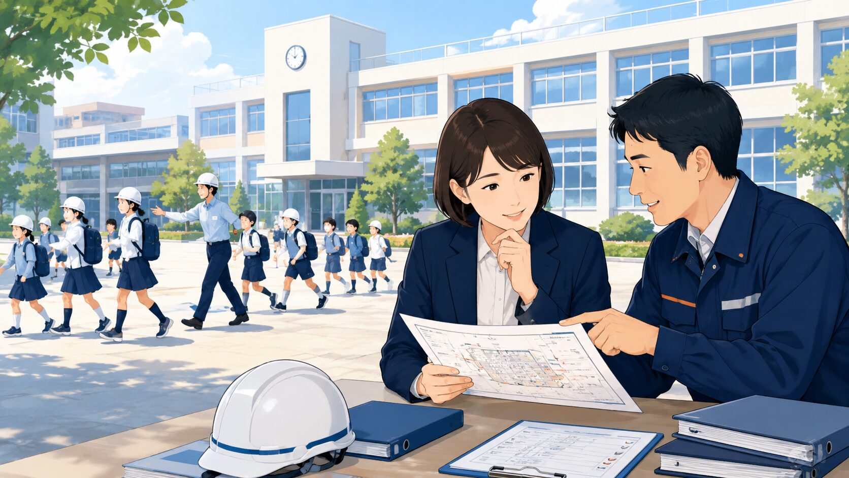 学校の避難訓練と危機管理マニュアルを確認している様子