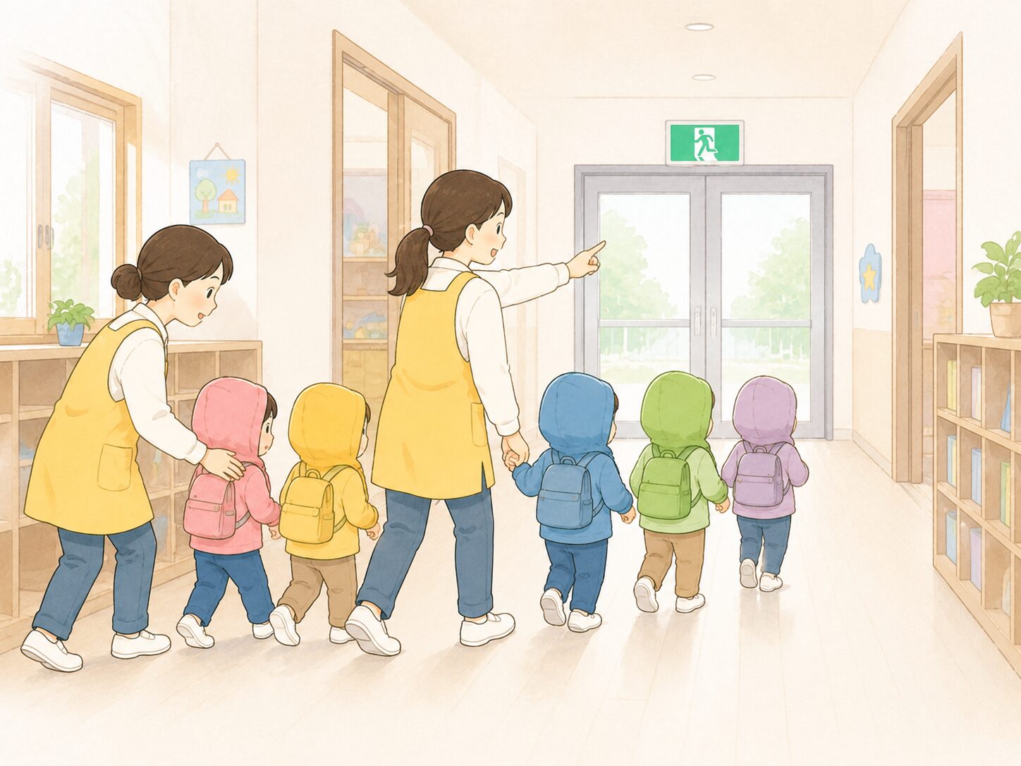 保育士が子どもたちを安全な方向へ誘導している保育園内のイラスト