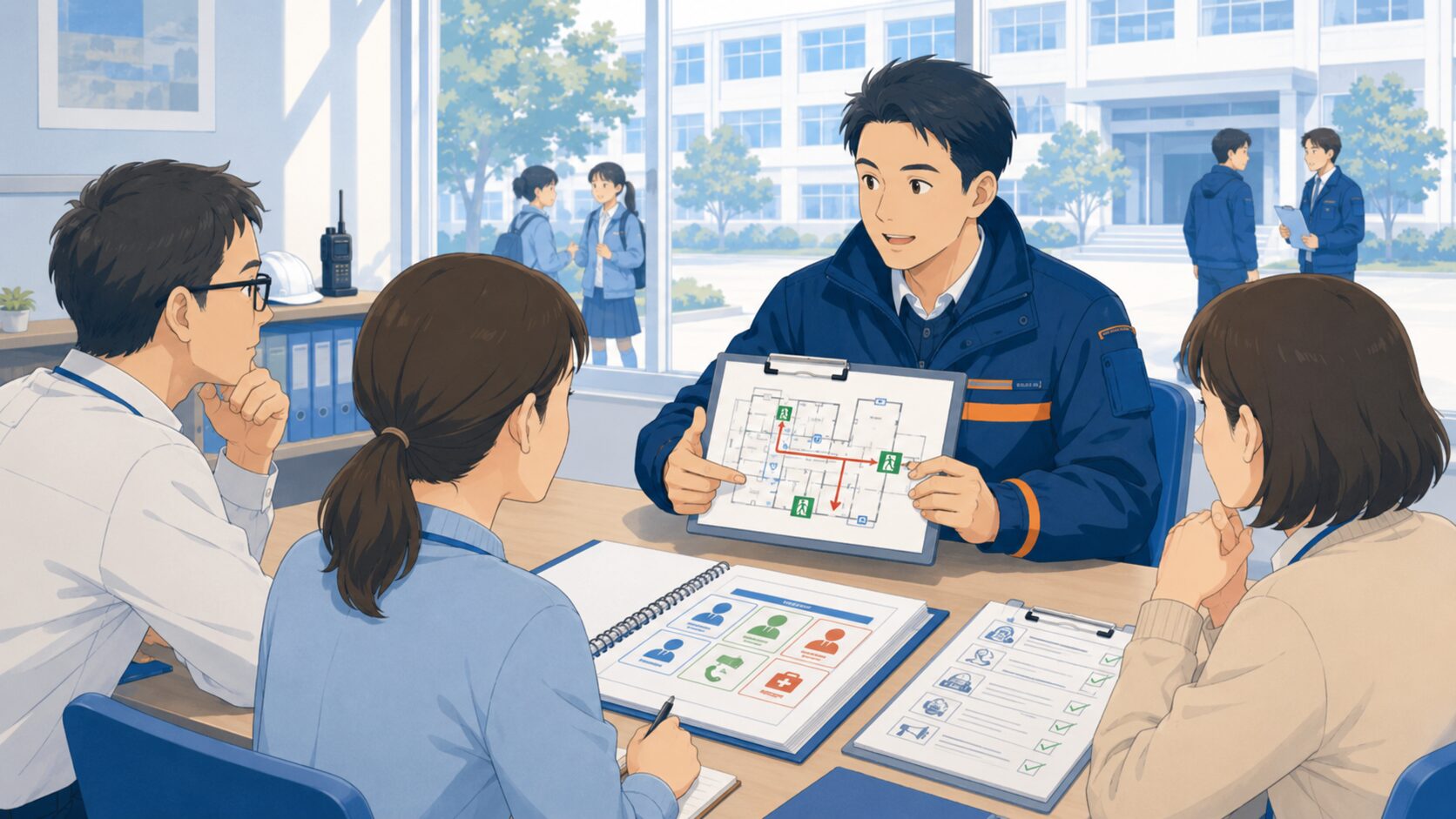 教職員が避難計画や役割分担について確認する学校防災研修のイラスト