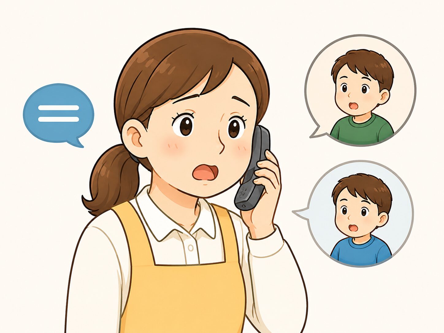 災害時に保護者への電話や連絡対応が重なる保育士のイラスト