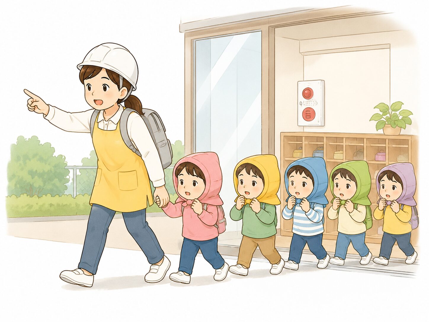 保育園の避難訓練で保育士が子どもを誘導するイラスト
