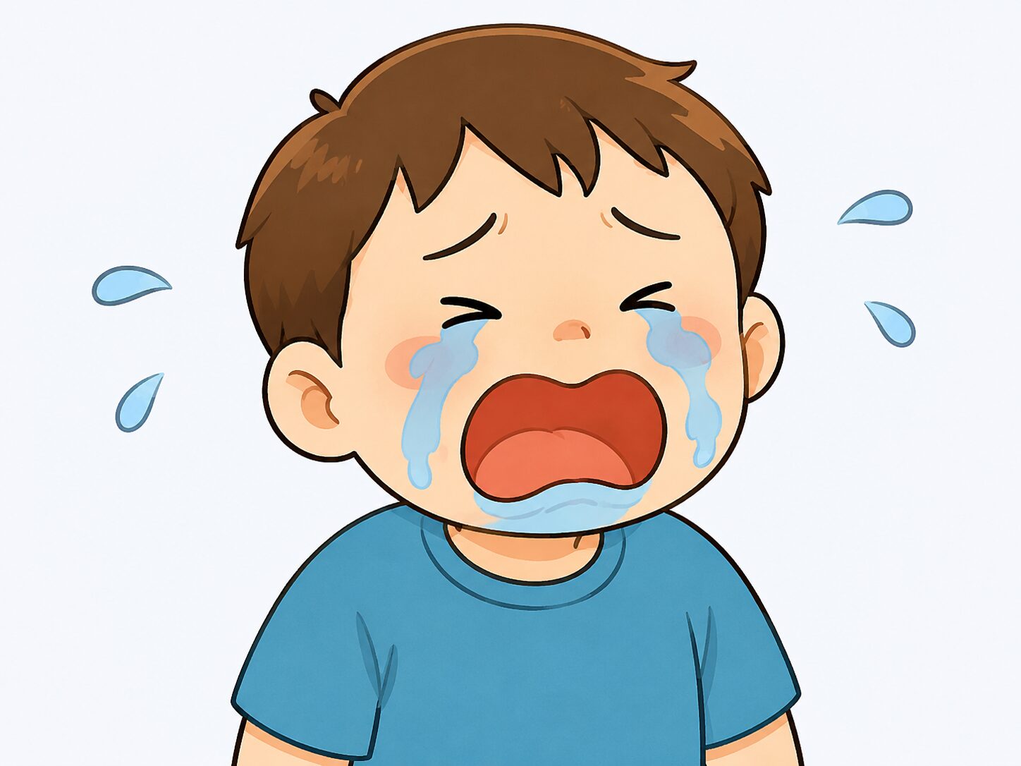 災害時に不安で泣いて動けない子どもに声をかける保育士のイラスト