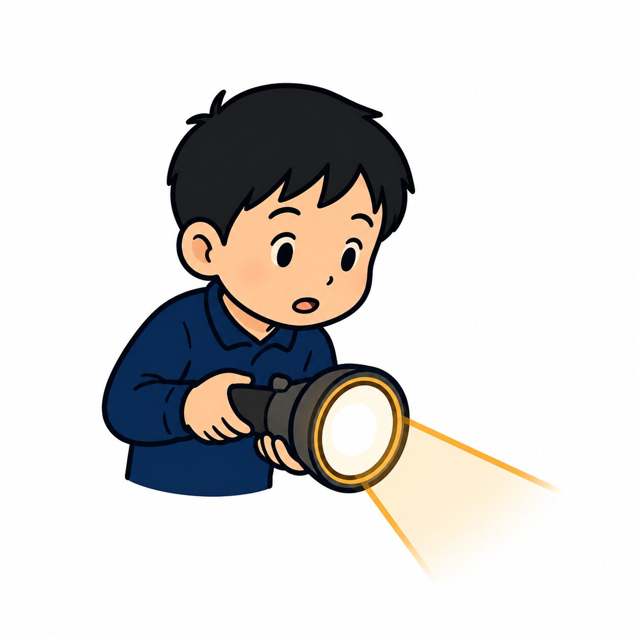 ライトで足元や周囲を確認しながら進む火災避難体験のイラスト