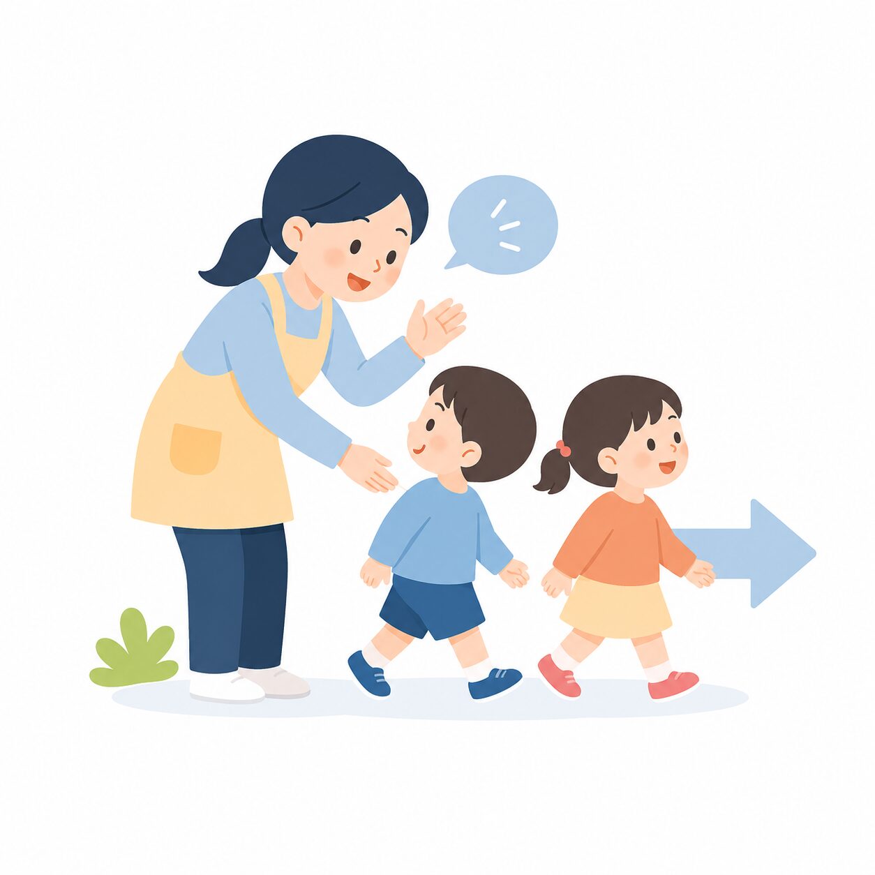 避難訓練で子どもへの声かけや誘導を確認している様子