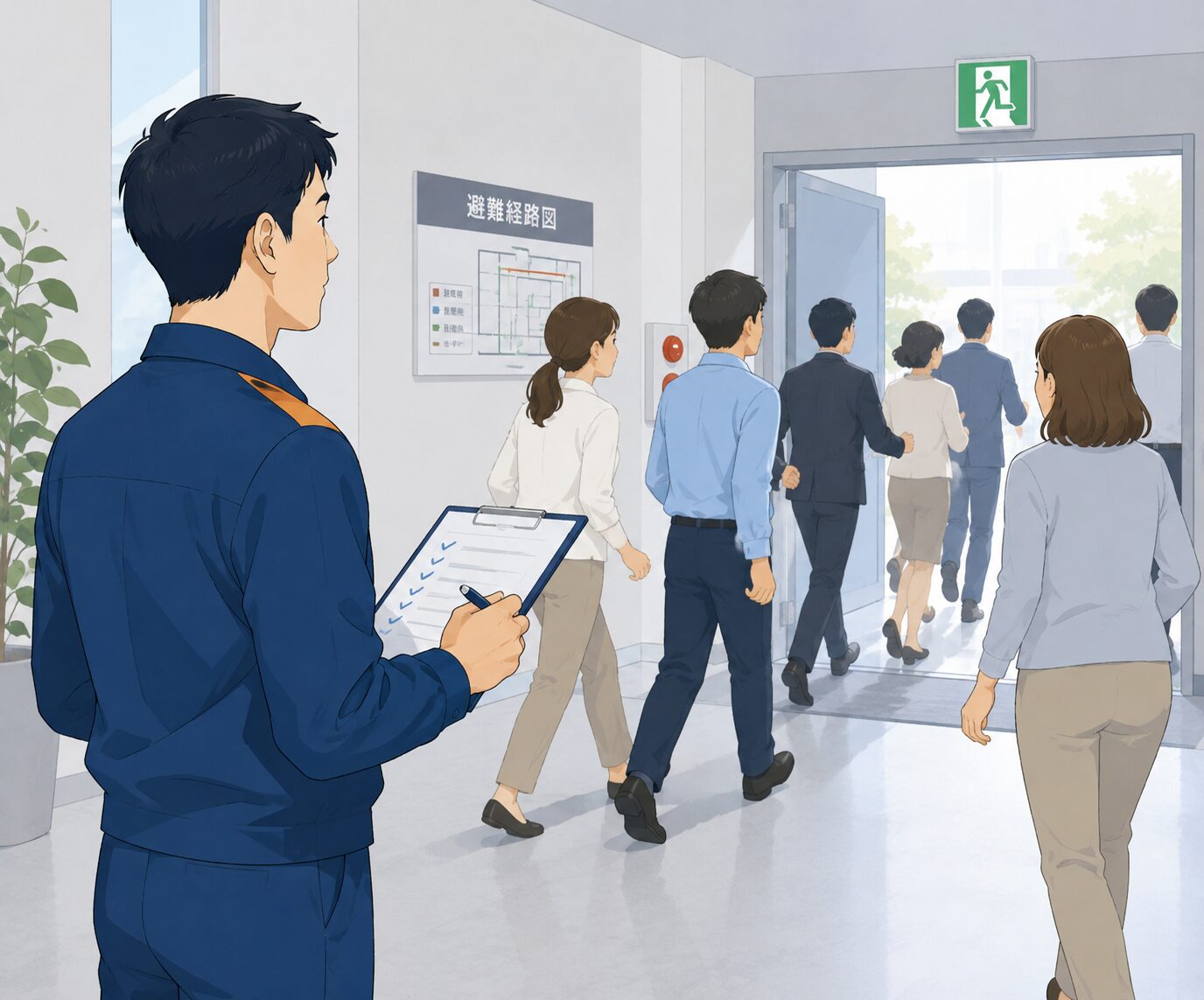 避難口へ向かう従業員の動きを元消防士が確認する避難訓練の様子