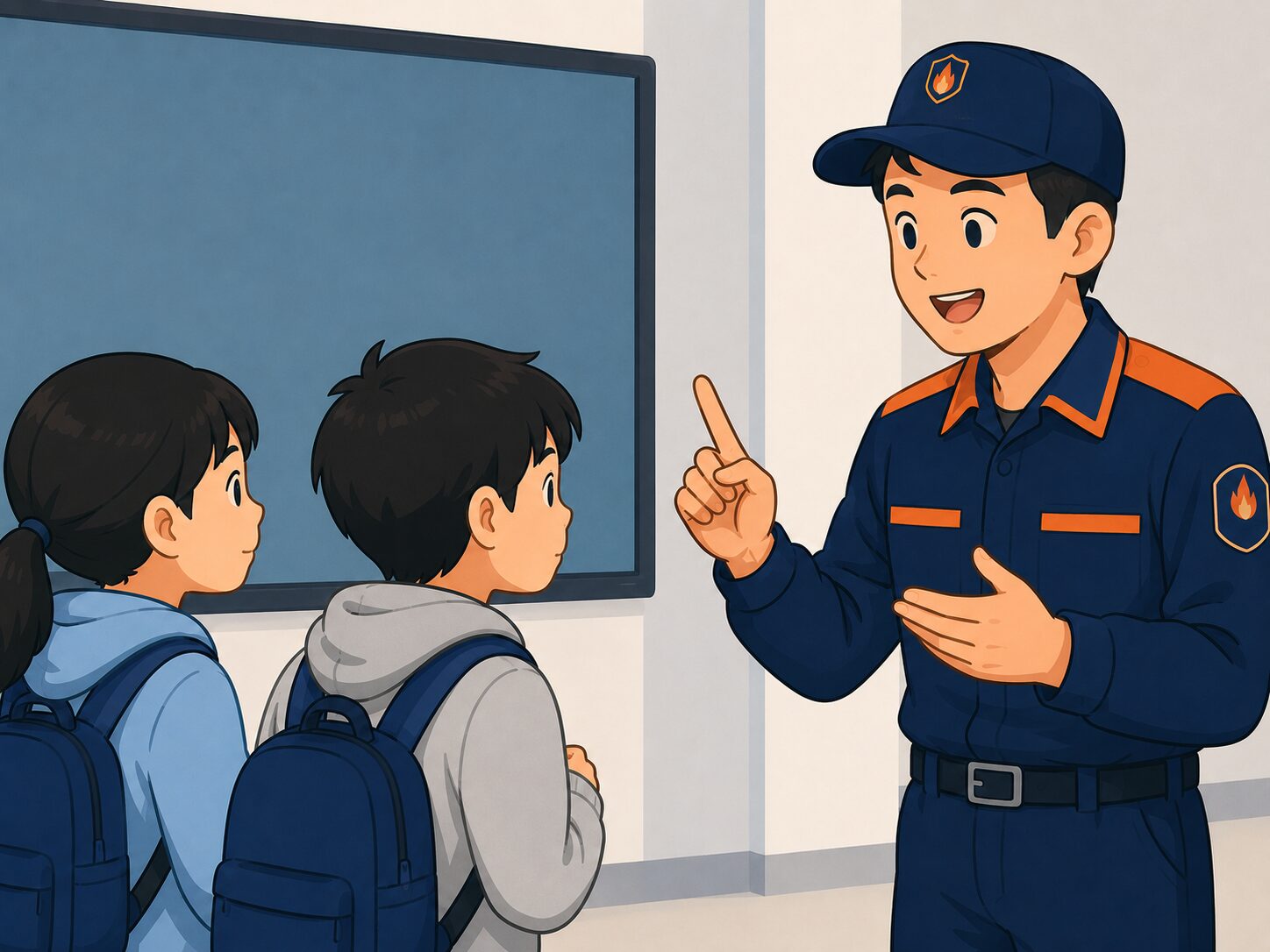 元消防士が子どもたちに火災避難のポイントを説明している様子