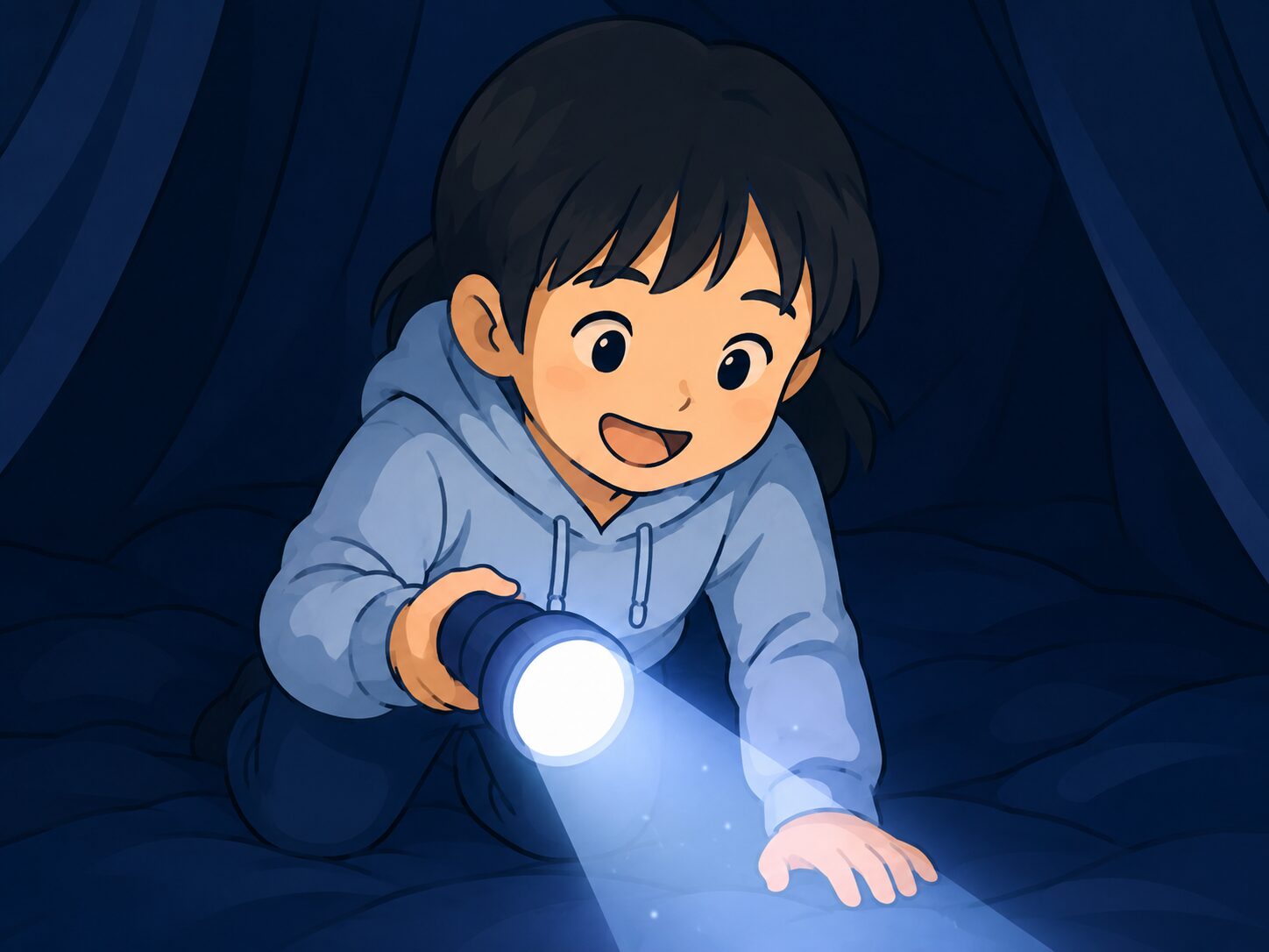 子どもがライトを持って低い姿勢で進む火災避難体験の様子