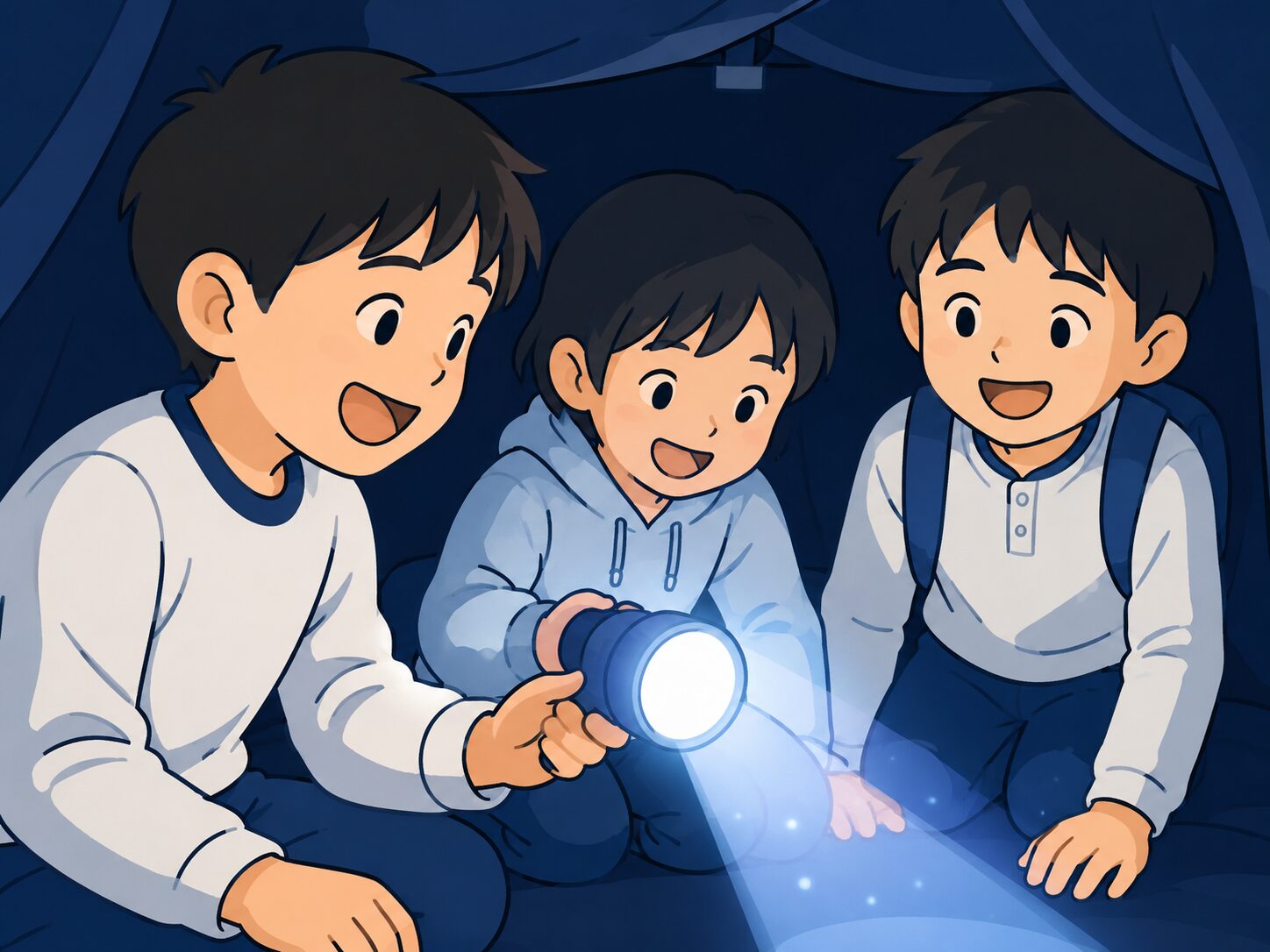暗闇の中で子どもたちがライトを使いながら楽しそうに参加している様子