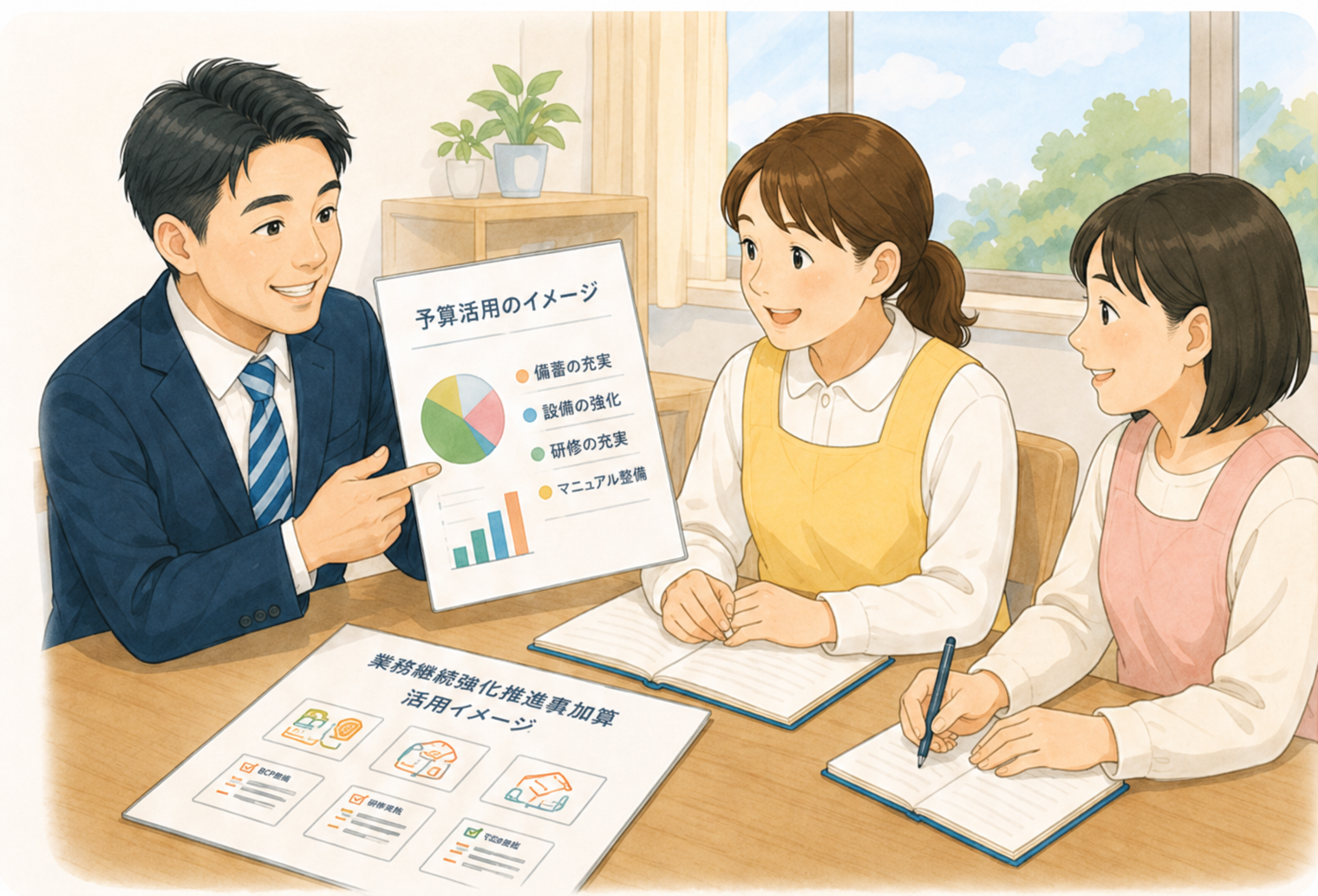 施設機能強化推進費加算を防災用品、研修、避難訓練などに活用するイメージ