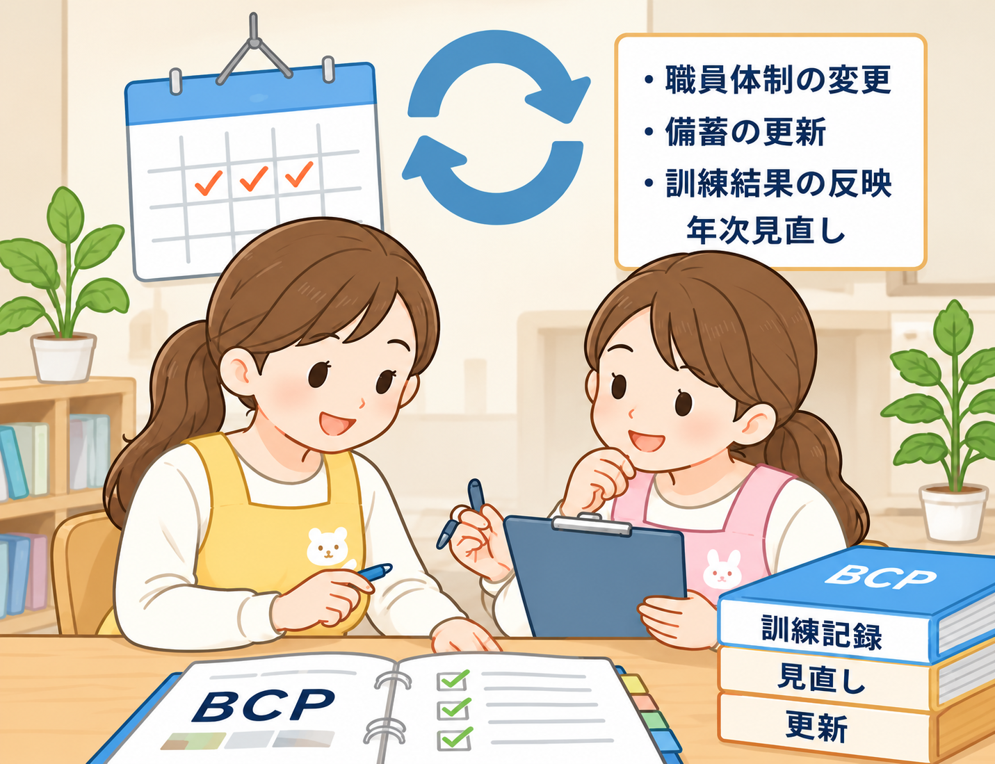 保育施設の職員が訓練後に振り返りBCPを見直しているイメージ