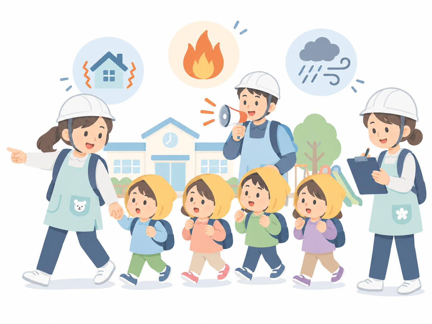 保育園での災害対応・避難訓練を表すイラスト