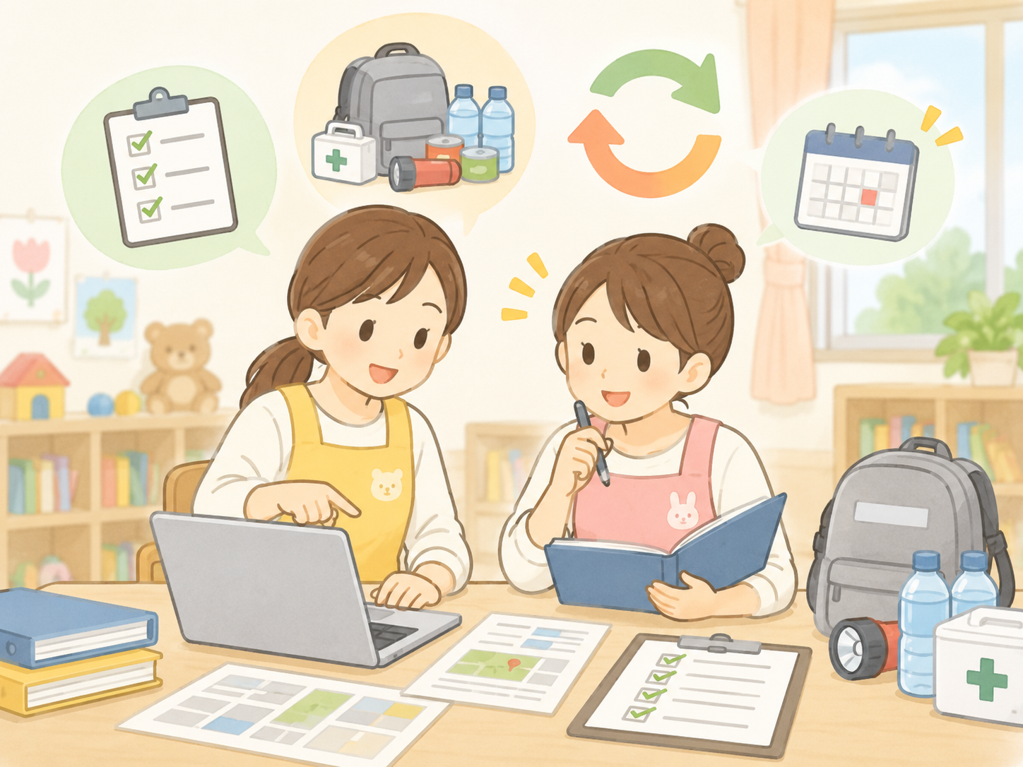 保育施設の職員がBCPや防災について相談しながら整理しているイメージ