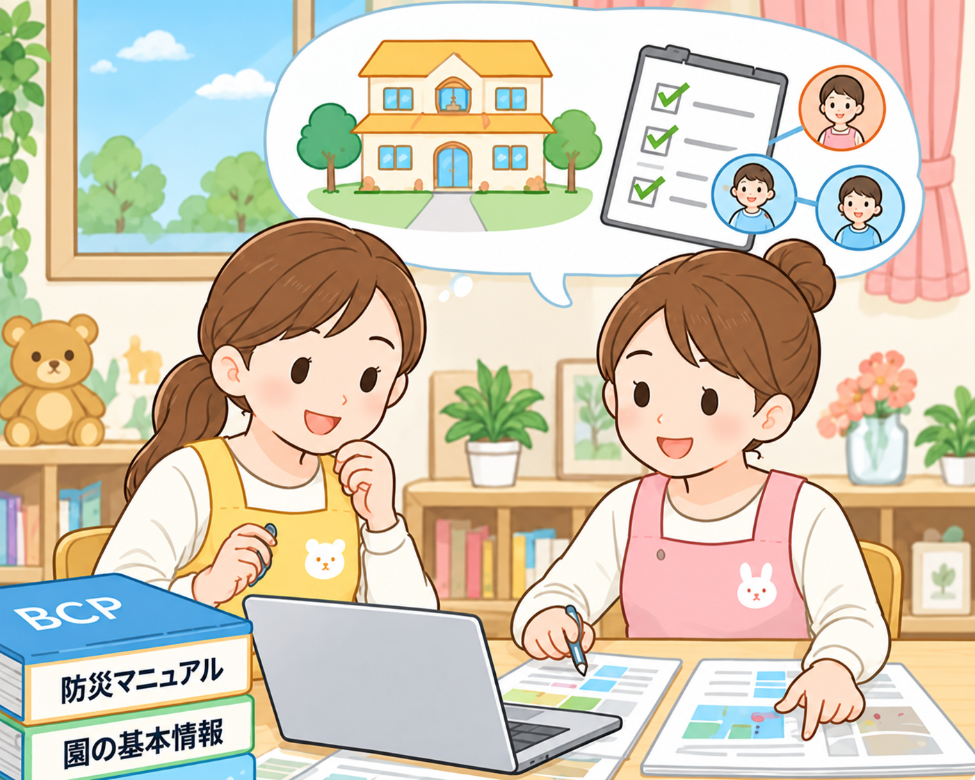 保育施設の職員が園のBCPについて確認しながら整理しているイメージ