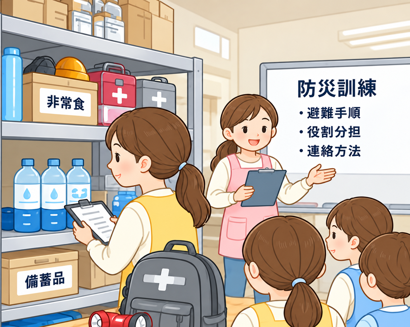 保育施設で備蓄品の確認や防災訓練を行っているイメージ